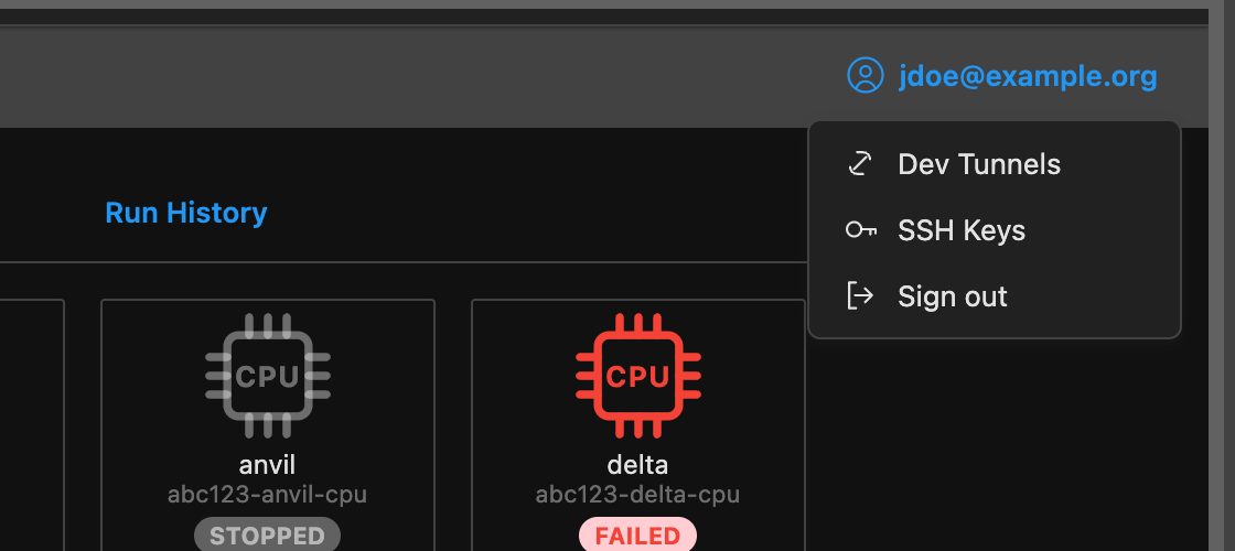 The title row showing the signed-in account jdoe@example.org with the account menu open: Dev Tunnels, SSH Keys, Sign out