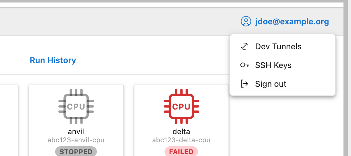 The title row showing the signed-in account jdoe@example.org with the account menu open: Dev Tunnels, SSH Keys, Sign out