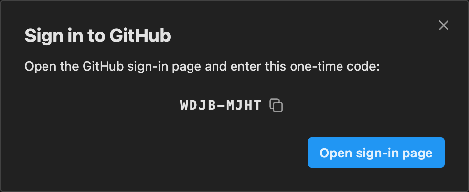 The device-code dialog showing the one-time code to enter on the GitHub sign-in page