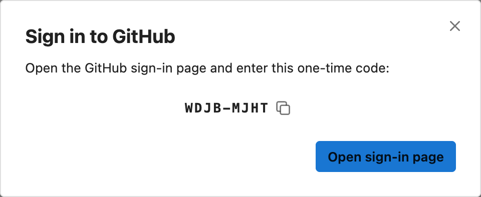 The device-code dialog showing the one-time code to enter on the GitHub sign-in page