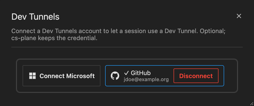 The Dev Tunnels dialog with a GitHub account connected as jdoe@example.org and Disconnect, and Connect Microsoft