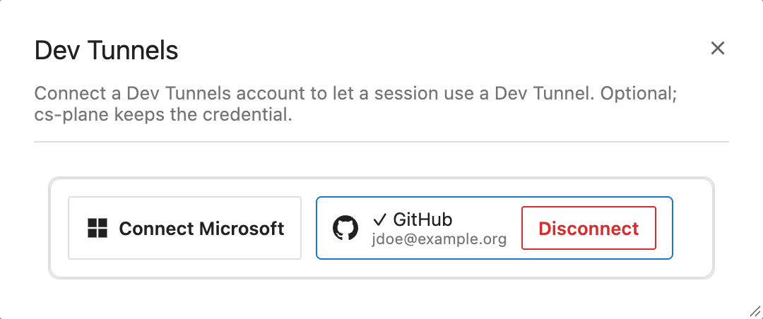 The Dev Tunnels dialog with a GitHub account connected as jdoe@example.org and Disconnect, and Connect Microsoft
