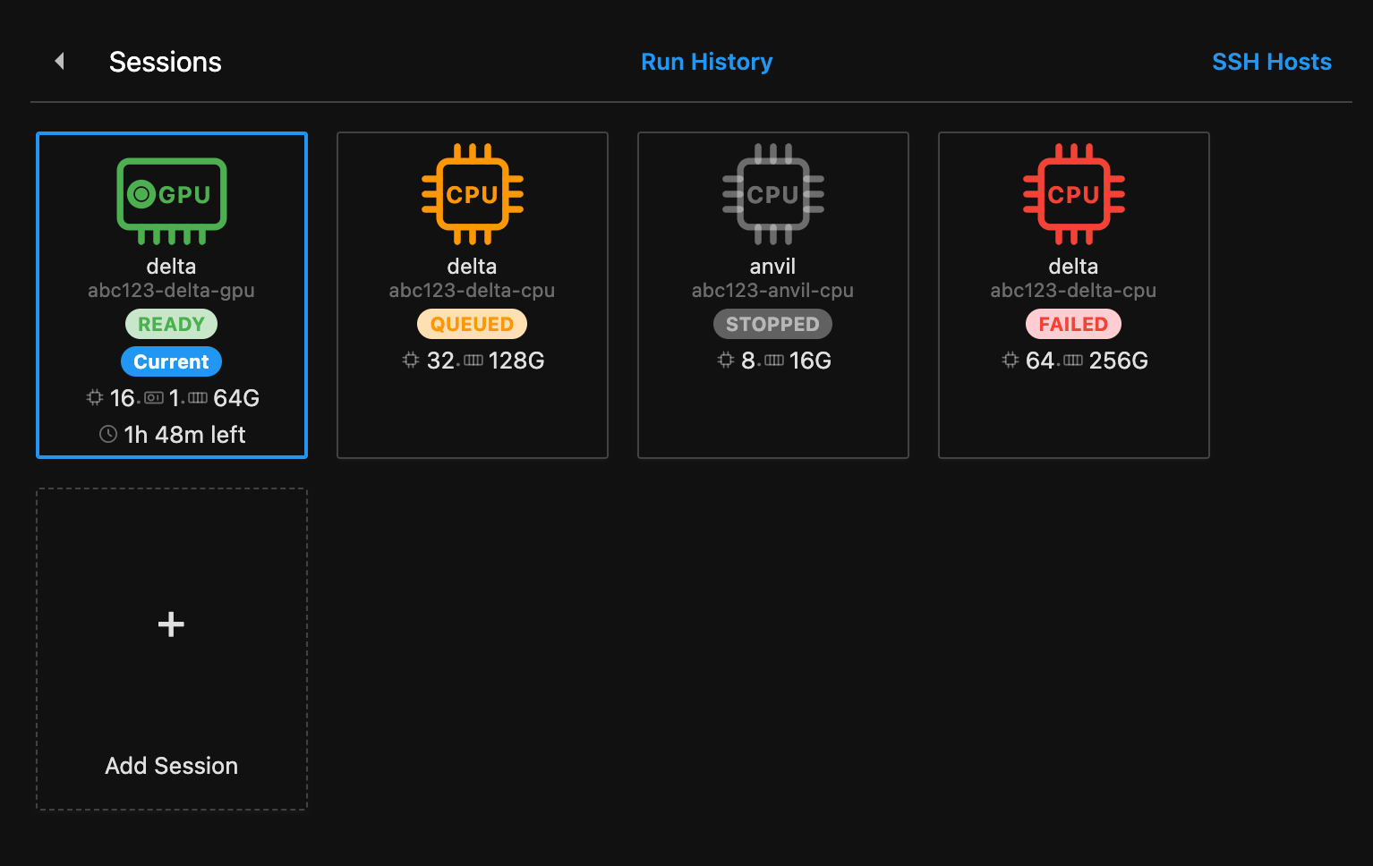 The Launcher Sessions section with four session cards: delta READY and Current with 1h 48m left, delta QUEUED, anvil STOPPED and delta FAILED, and the Add Session card