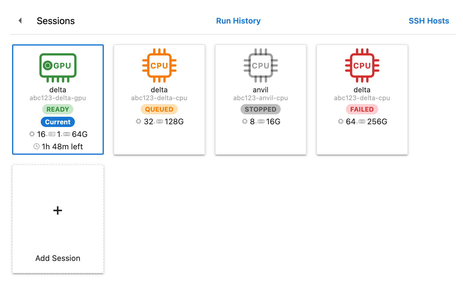 The Launcher Sessions section with four session cards: delta READY and Current with 1h 48m left, delta QUEUED, anvil STOPPED and delta FAILED, and the Add Session card