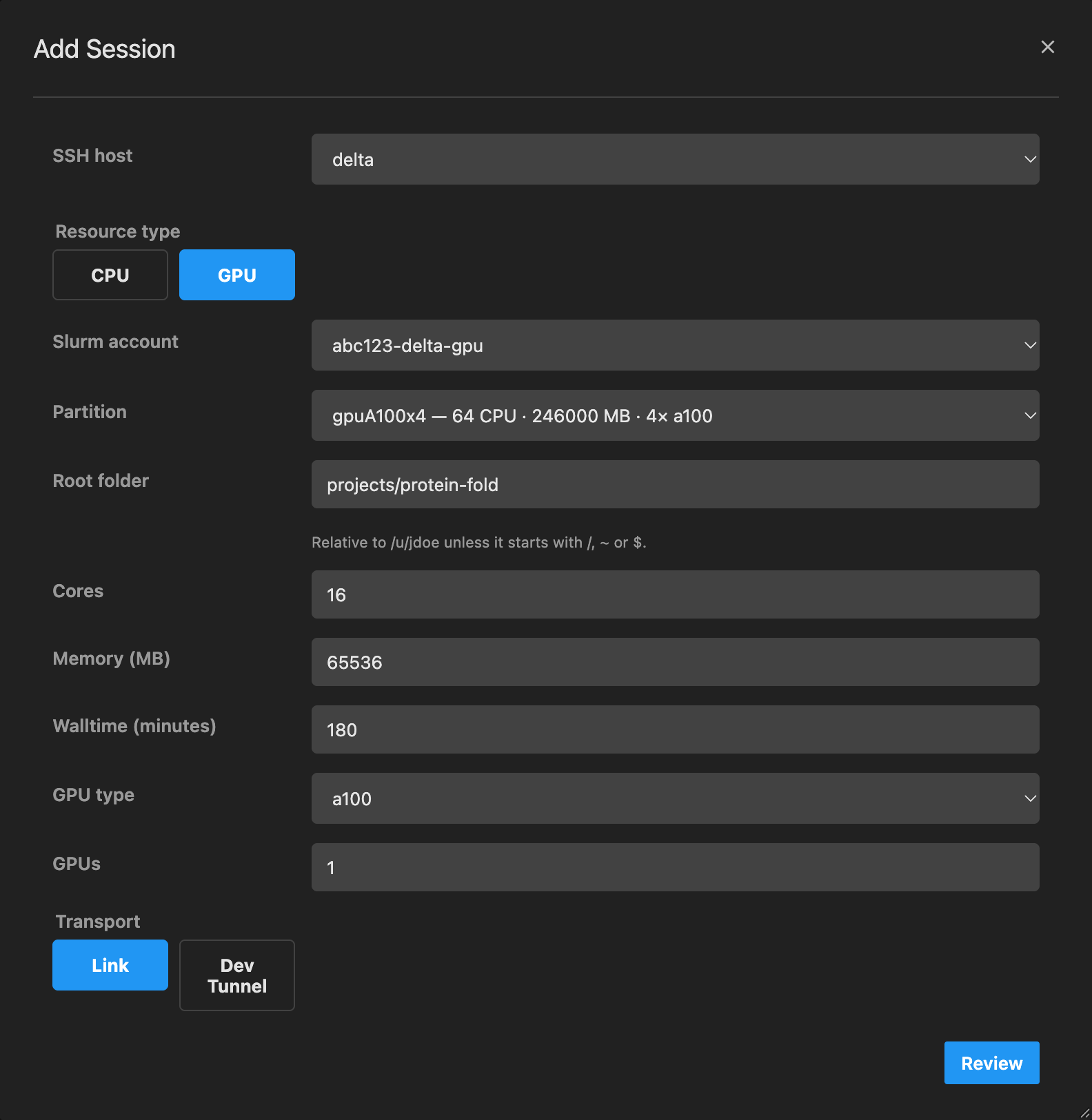 The Add Session form for delta with GPU selected, account abc123-delta-gpu, partition gpuA100x4, 16 cores, 65536 MB, 180 minutes, one a100 GPU and the Link transport