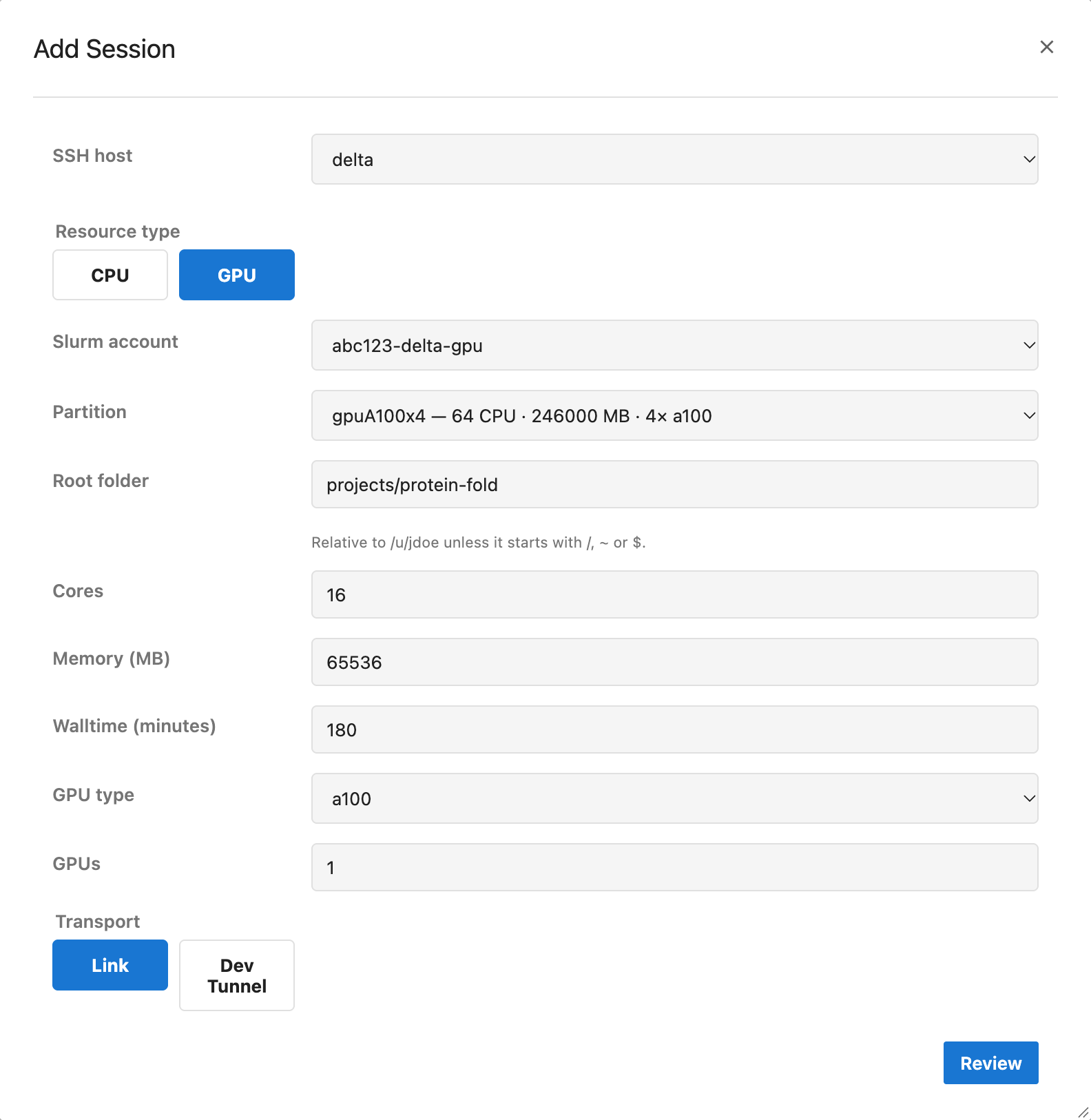 The Add Session form for delta with GPU selected, account abc123-delta-gpu, partition gpuA100x4, 16 cores, 65536 MB, 180 minutes, one a100 GPU and the Link transport