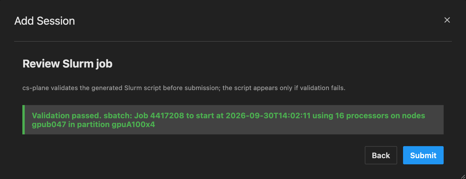 The Review Slurm job step reading Validation passed, with Back and Submit