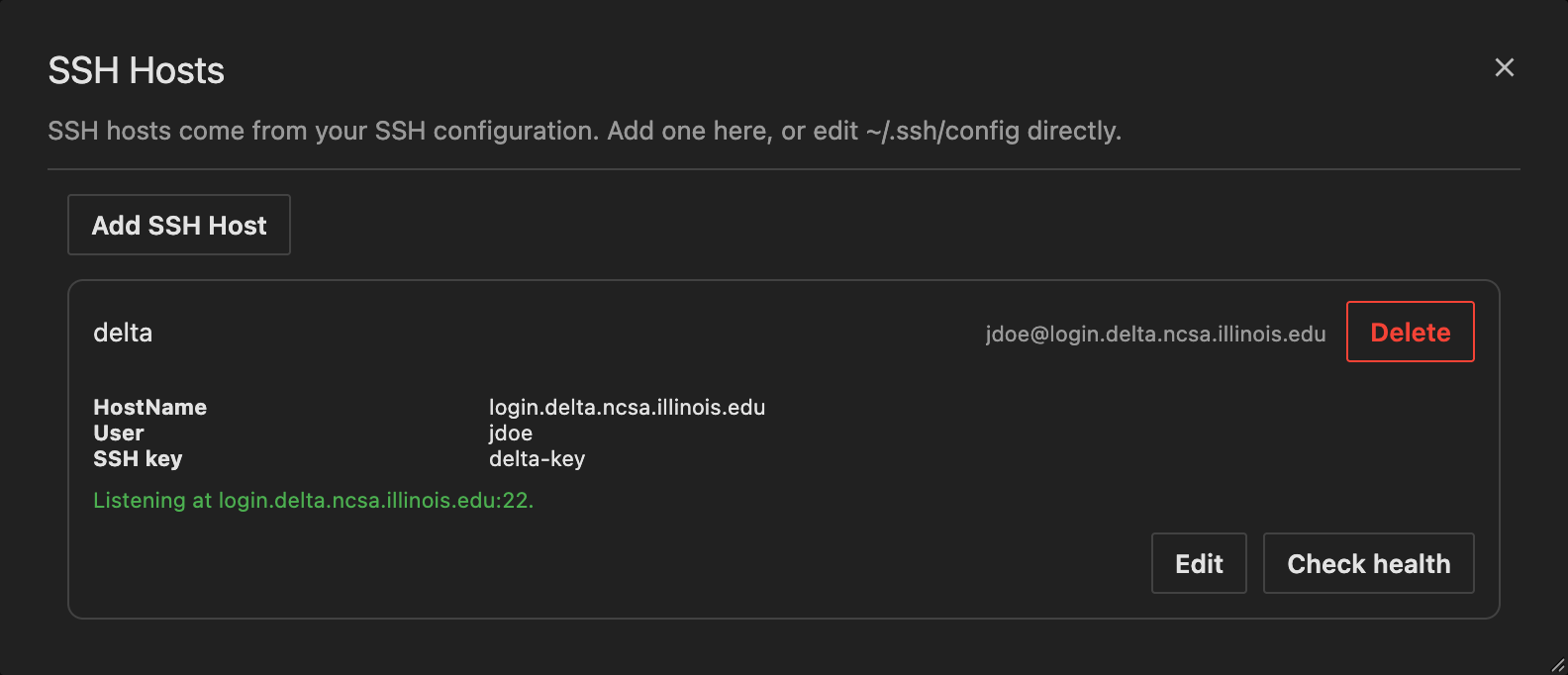 The SSH Hosts dialog with delta expanded after Check health, reading Listening at login.delta.ncsa.illinois.edu:22