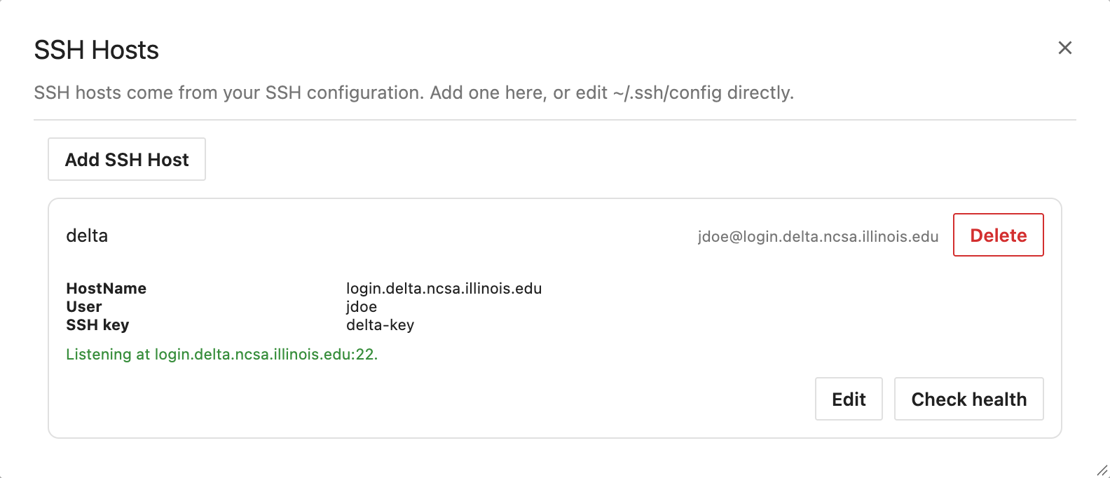 The SSH Hosts dialog with delta expanded after Check health, reading Listening at login.delta.ncsa.illinois.edu:22