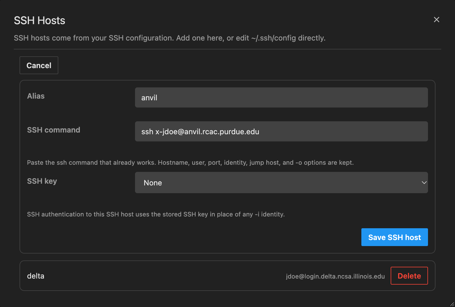 The SSH Hosts dialog with the add form: alias anvil, its ssh command and the SSH key choice; delta already listed
