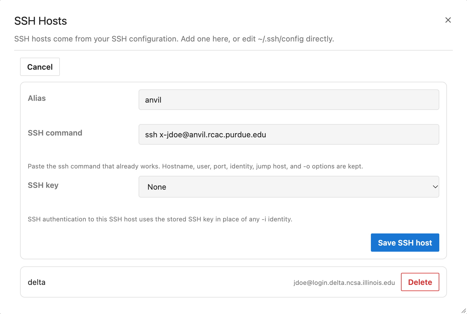 The SSH Hosts dialog with the add form: alias anvil, its ssh command and the SSH key choice; delta already listed