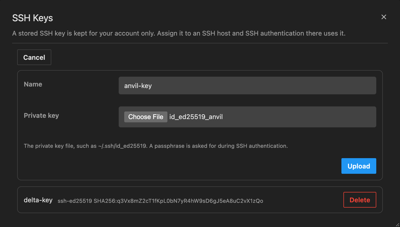 The SSH Keys dialog with the upload form filled in for a key named anvil-key, and delta-key already listed