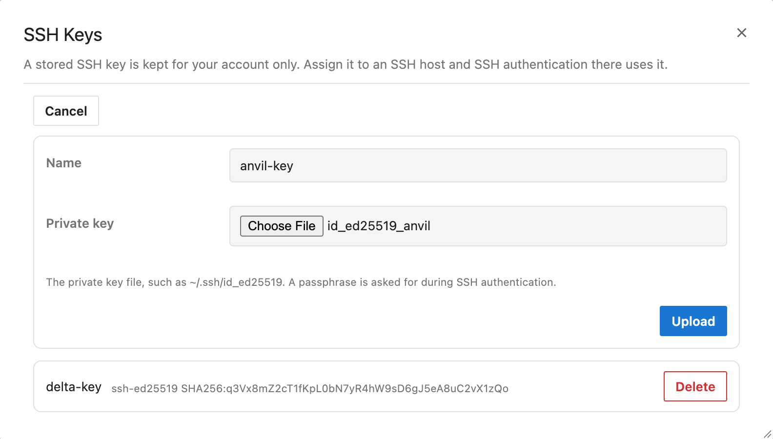The SSH Keys dialog with the upload form filled in for a key named anvil-key, and delta-key already listed