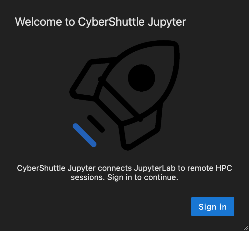 The Welcome to CyberShuttle Jupyter dialog with its Sign in button