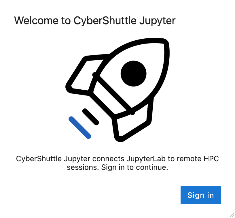The Welcome to CyberShuttle Jupyter dialog with its Sign in button