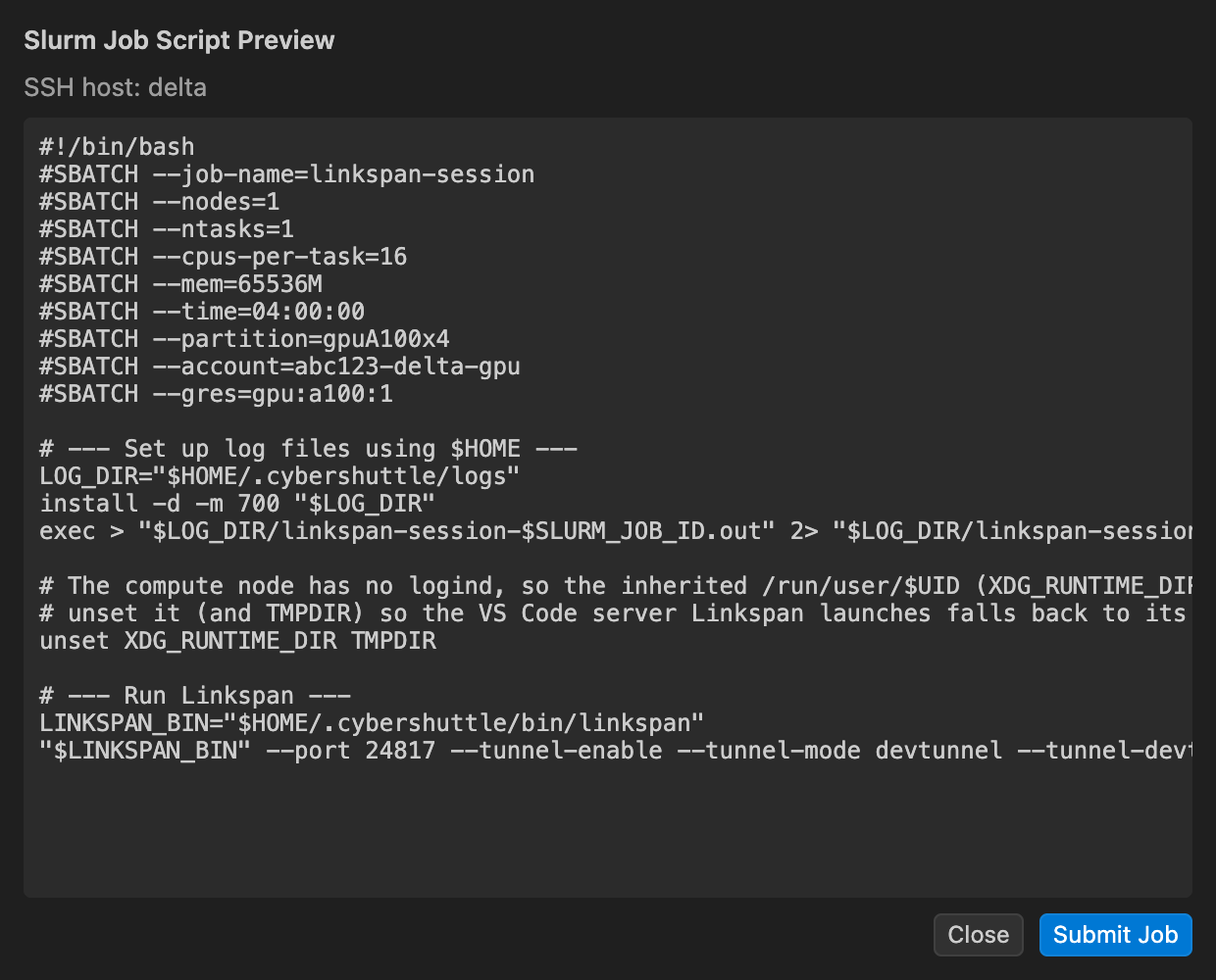 The Slurm Job Script Preview for SSH host delta, with Close and Submit Job