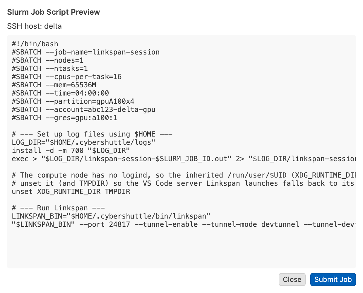 The Slurm Job Script Preview for SSH host delta, with Close and Submit Job