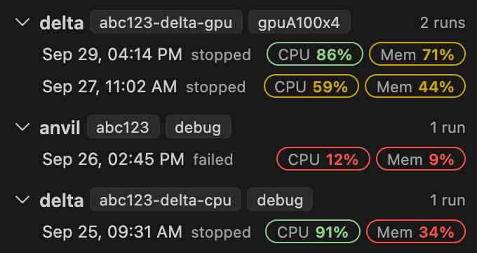 Run History grouping past runs by session, each with its end time, final state, and CPU and memory efficiency chips in green, yellow or red
