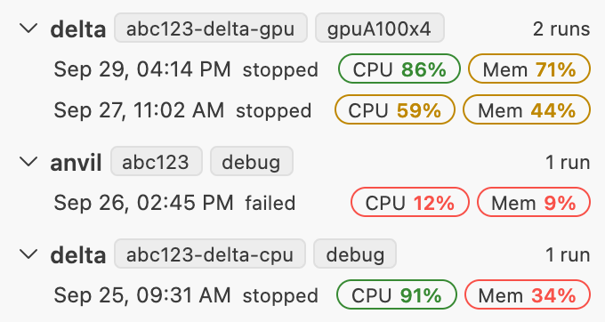 Run History grouping past runs by session, each with its end time, final state, and CPU and memory efficiency chips in green, yellow or red