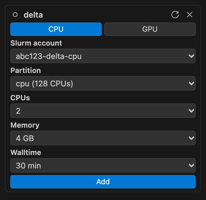 A draft session card for delta with the CPU tab, Slurm account abc123-delta-cpu, partition cpu, 2 CPUs, 4 GB and 30 minutes chosen, and the Add button