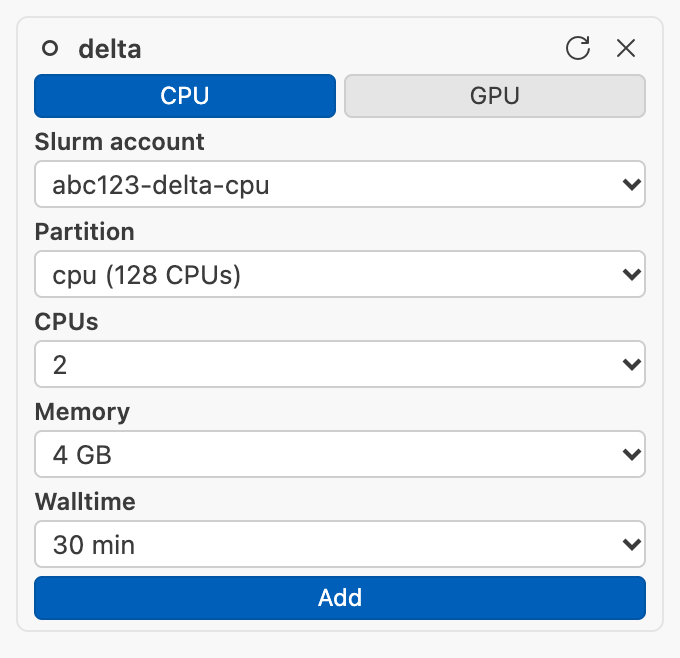 A draft session card for delta with the CPU tab, Slurm account abc123-delta-cpu, partition cpu, 2 CPUs, 4 GB and 30 minutes chosen, and the Add button