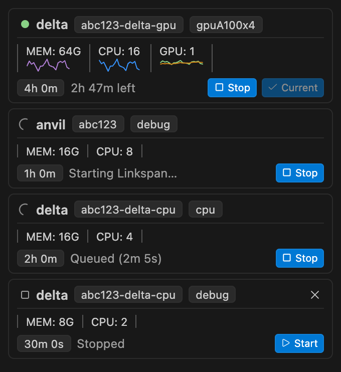 The Sessions view with four cards: one running and current, one Starting Linkspan, one Queued for 2m 5s, and one Stopped