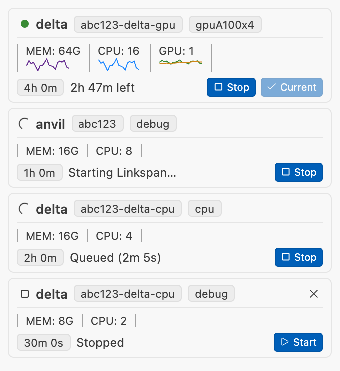 The Sessions view with four cards: one running and current, one Starting Linkspan, one Queued for 2m 5s, and one Stopped