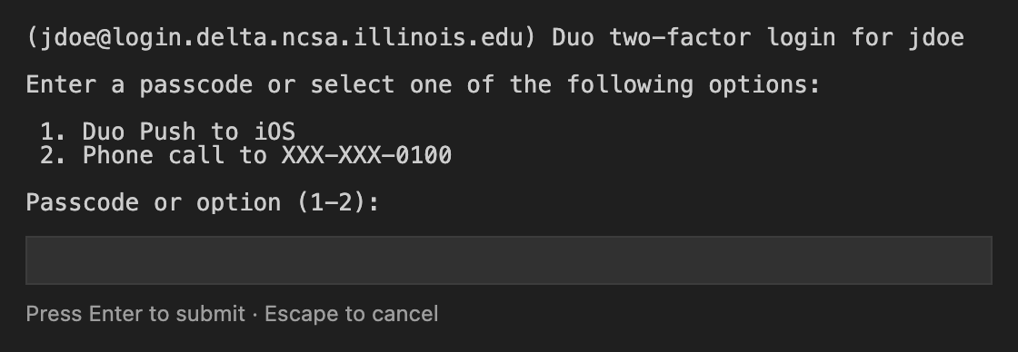 The SSH Authentication panel asking for a Duo second factor for jdoe@login.delta.ncsa.illinois.edu