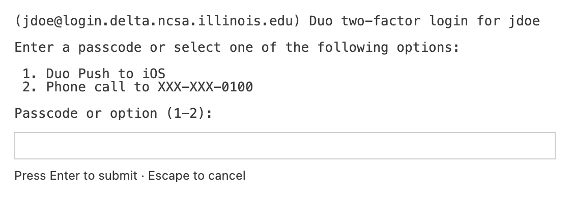 The SSH Authentication panel asking for a Duo second factor for jdoe@login.delta.ncsa.illinois.edu
