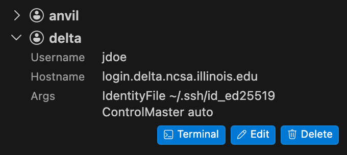 The SSH Hosts view with delta expanded to show its username, hostname and arguments, and the Terminal, Edit and Delete actions