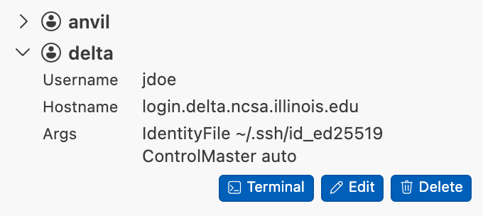 The SSH Hosts view with delta expanded to show its username, hostname and arguments, and the Terminal, Edit and Delete actions